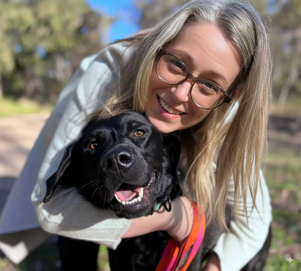 Dr Vanessa Petersen with Luna, her black Lab